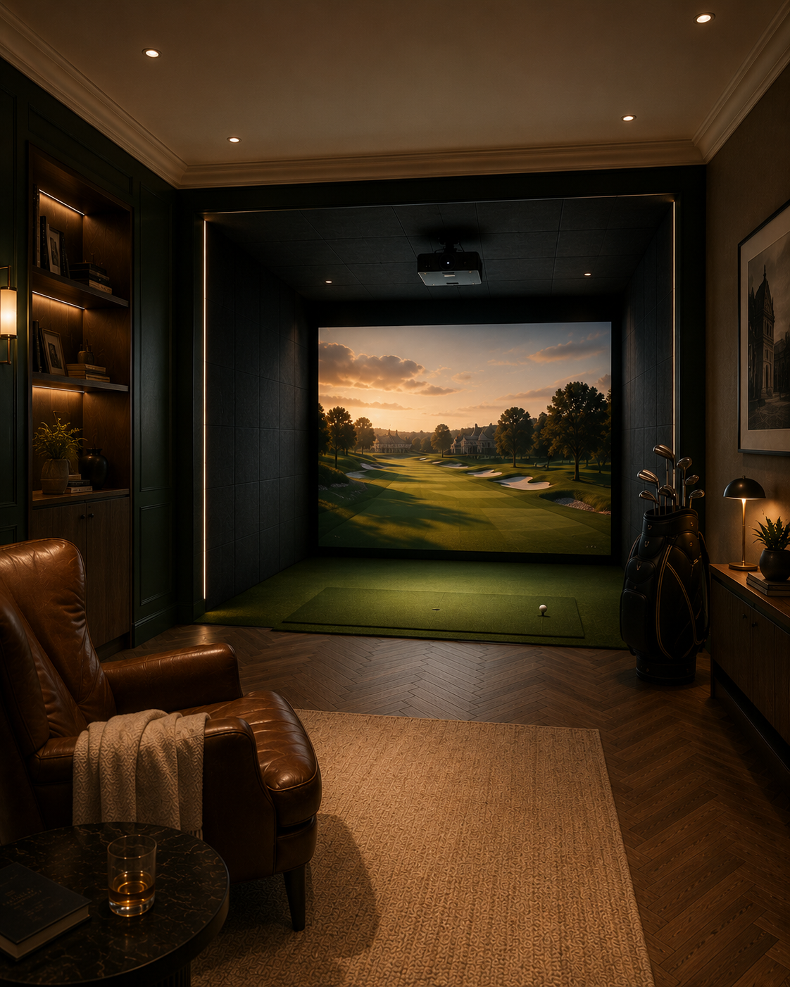 Conception d'un golf indoor résidentiel sur mesure, pièce dédiée intégrée