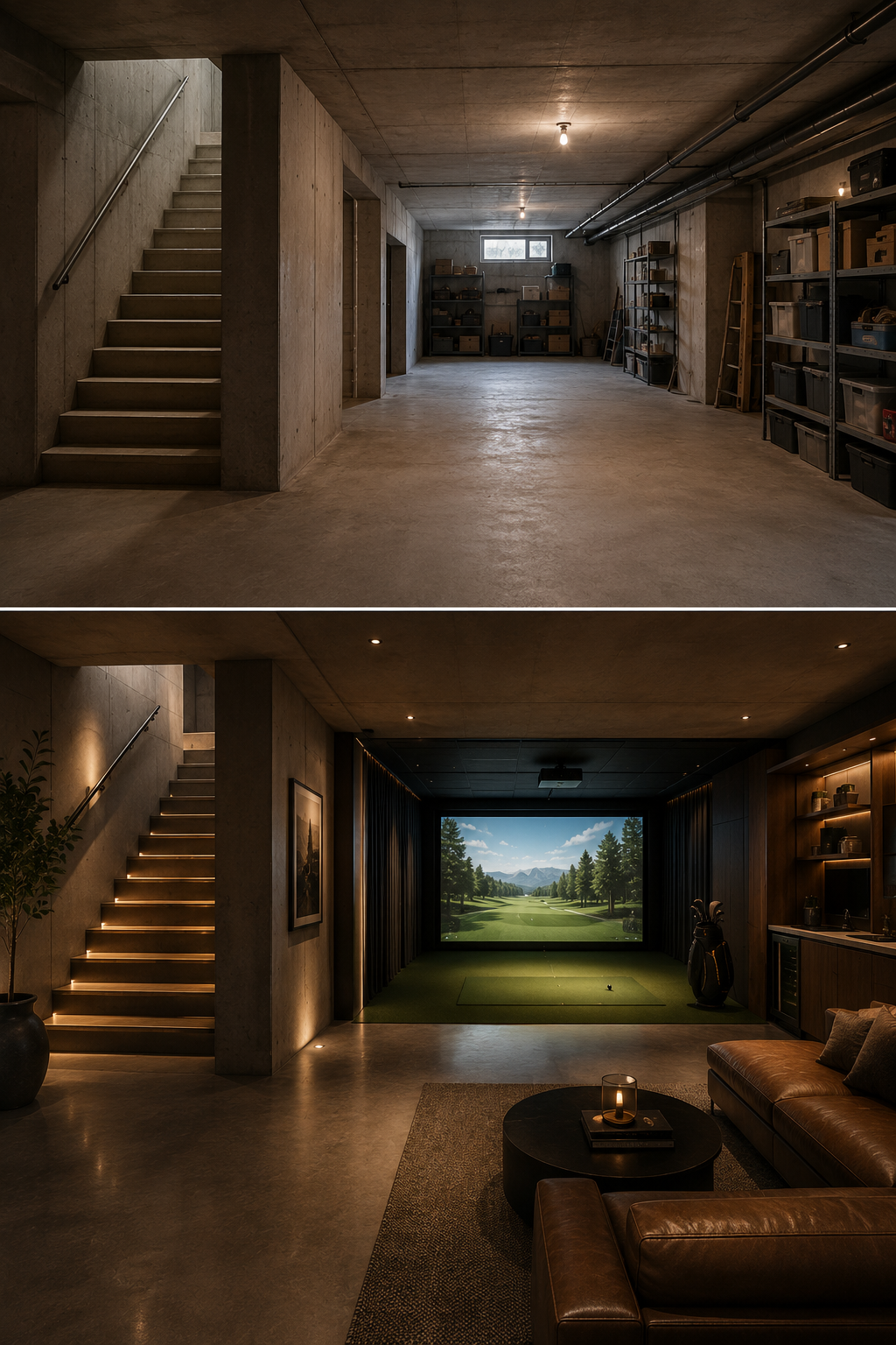 Sous-sol aménagé en golf indoor résidentiel sur mesure