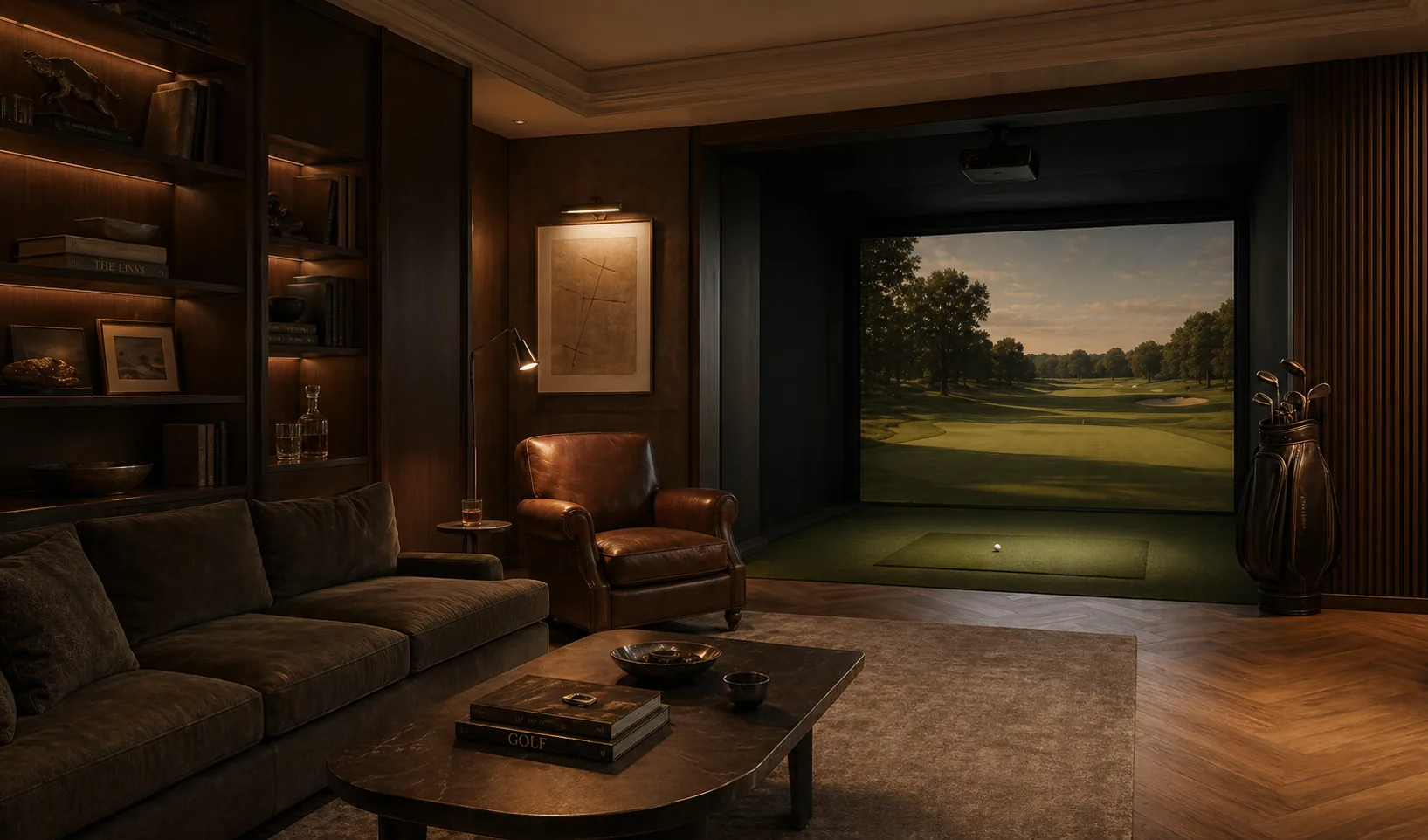 Intérieur résidentiel haut de gamme intégrant un espace de golf indoor.